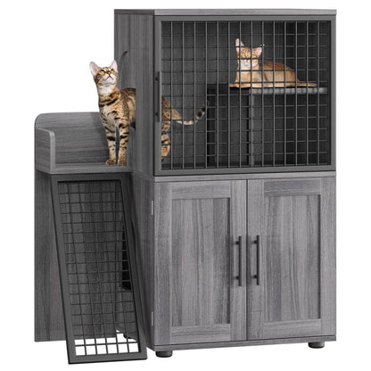 Caixa de Areia para Gatos Oculta com Plataforma, Móvel para Gatos de Camada Dupla, Móvel para Banheiro de Gatos, Casinha de Gatos com Escada