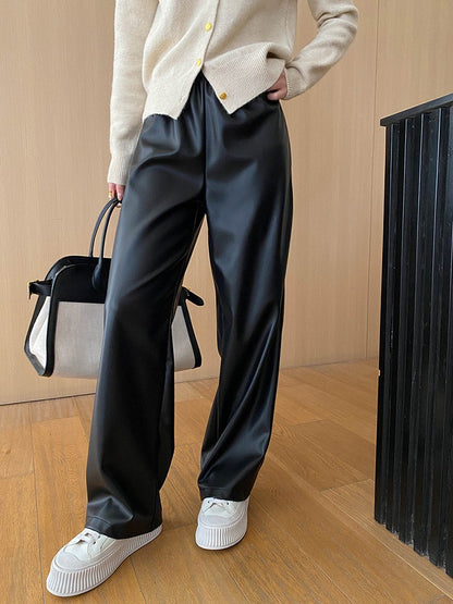 High Elastic Waist Coffee Pu Leather Long Wide Leg Pants New Trousers Women Fashion Tide Spring Autumn