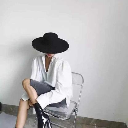 2025   Flatcap New French Elegant Flat-top Cap Dame Hat Retro Wide Brim Felt Hat Women