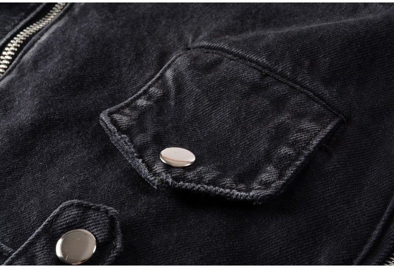 Sokotoo Men's zippers black biker jean jacket Streetwear thick denim slim coat with belt High quality