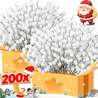 5/200pcs Artificial White Berry Stem Frosted Christmas Berries Branch Snow Tipped Stems Twigs Wreath Xmas Tree Fillers Ornament