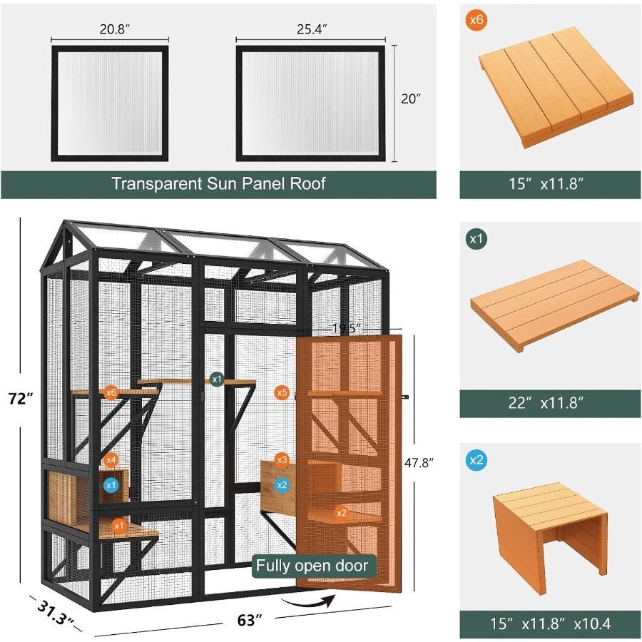 Grande Recinto Externo para Gatos Múltiplos com Acesso de Entrada Cobertura Impermeável e Teto Refletor de Luz Solar, Características 7 Plat