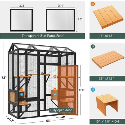 Grande Recinto Externo para Gatos Múltiplos com Acesso de Entrada Cobertura Impermeável e Teto Refletor de Luz Solar, Características 7 Plat