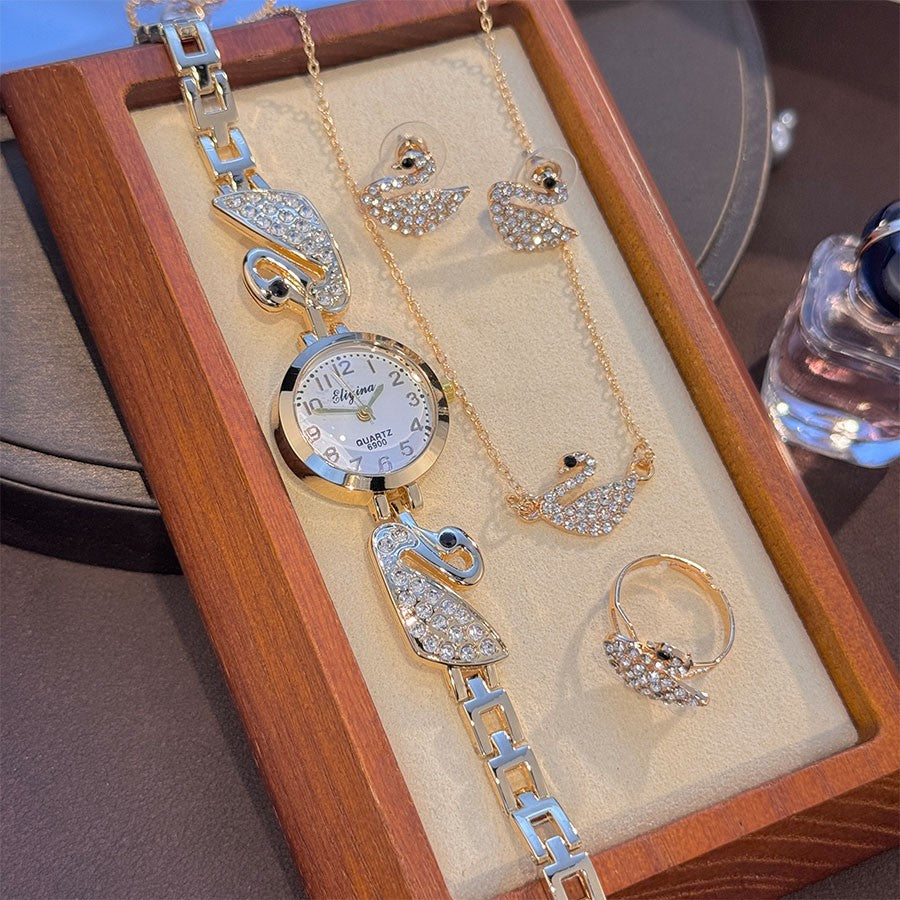 4-Piece Set Pearl Watch Chain Arabic Numeral Quartz Watch Large Pearl Necklace Diamond-Encrusted Ring And Earrings Jewelry Gift