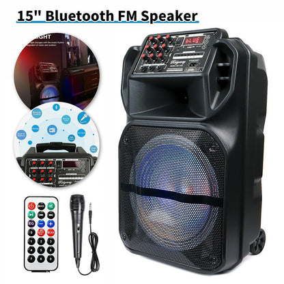Caixa de Som Bluetooth Portátil 9000W Subwoofer 15” Graves Potentes Sistema de Festa AUX & Microfone Luz LED Karaokê de Alta Qualidade e Som Alto