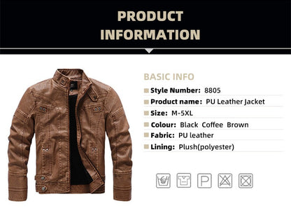 Autumn Winter New Fashion Men's Solid Color Simple Basic Casual Trendy Stand Collar Zipper Faux Leather Coats Male Jackets Tops