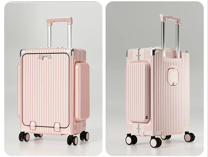 Tri-Zone Access Opening Suitcase Aluminum Frame PC Material Travel Case with Spinner Wheels Cup Holder TSA Lock Rolling Luggage