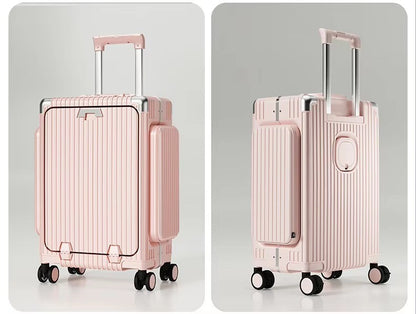 Tri-Zone Access Opening Suitcase Aluminum Frame PC Material Travel Case with Spinner Wheels Cup Holder TSA Lock Rolling Luggage