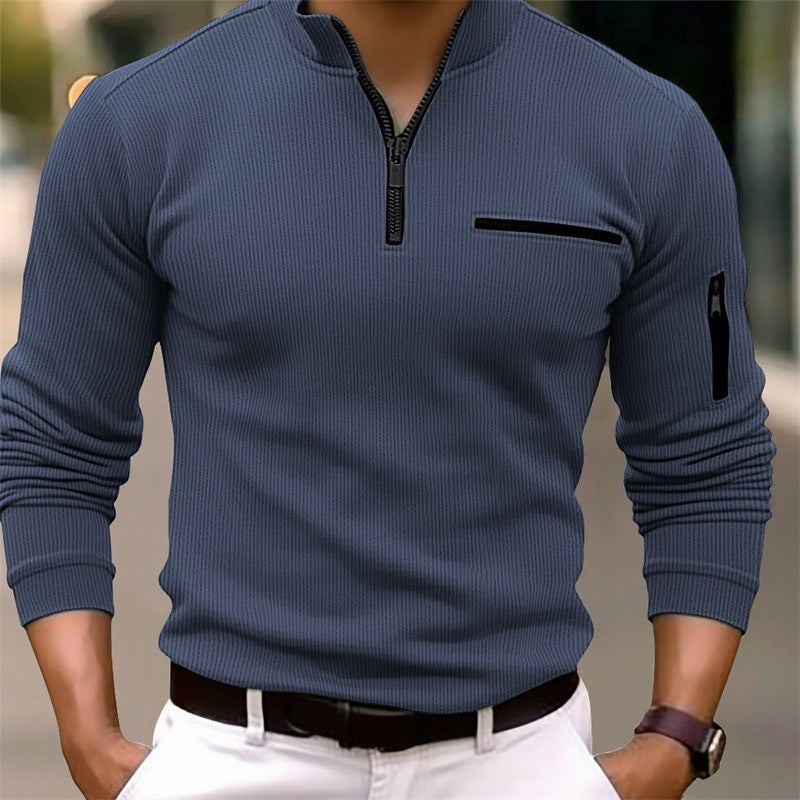 Men's new spring and autumn long-sleeved striped POLO shirt zipper collar retro style sports outdoor leisure light polo shirt