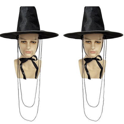 2028  Role-playing Costume Hat Traditional Ming Dynasty Korean Flat Topper Hat for Men Wide Brim Uv Protection Black Cap Stage