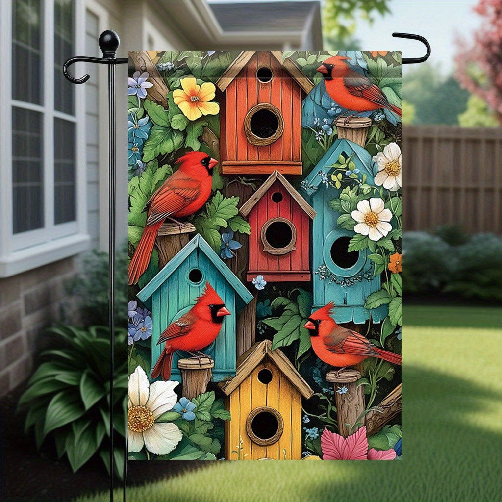 1pc Vibrant Cardinal Birdhouse Garden Flag - Double-Sided Polyester Lawn Flag, 11.81 x 17.72 Inches, Colorful Spring Nest Box De