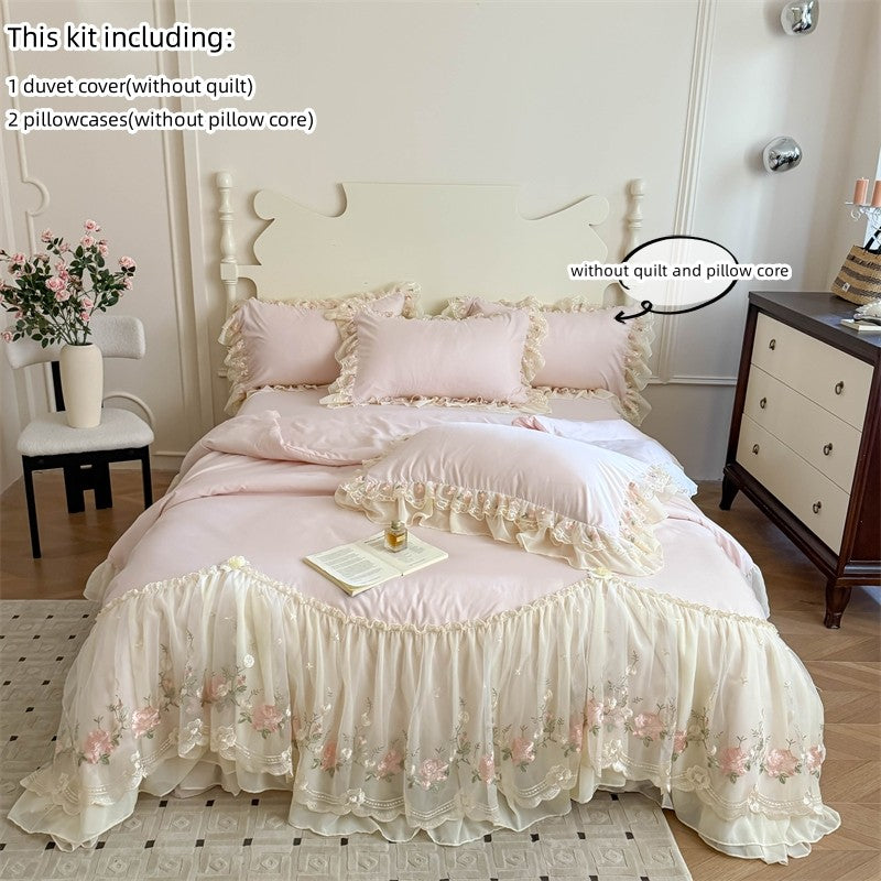 3pcs Korean style Duvet Cover Set (1*Duvet Cover + 2*Pillowcase, Without Core), Lace embroidery Bedding Set