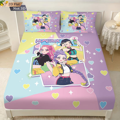 Conjunto de Lençóis Sem Lascas Estampado K-Pop Demon Hunters de 3 Peças Vários Tamanhos Macio Capa de Cama Decoração de Quarto Lavável à Máquina