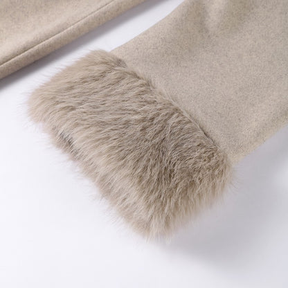Elegant Faux Fur Cuffs Woolen Coat With Belt For Women Fashion Lapel Long Sleeve Lace Up Maxi Jacket Lady 2025 Autumn Outerwear