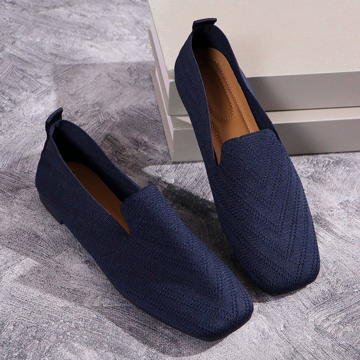 2025 Solid Color Square Toe Mesh Loafers Shallow Women Flats Shoes Soft Bottom Knit Ballet Flats Shoes Casual Slip on Shoes
