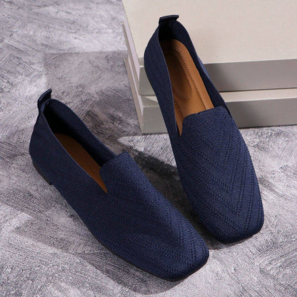 2025 Solid Color Square Toe Mesh Loafers Shallow Women Flats Shoes Soft Bottom Knit Ballet Flats Shoes Casual Slip on Shoes