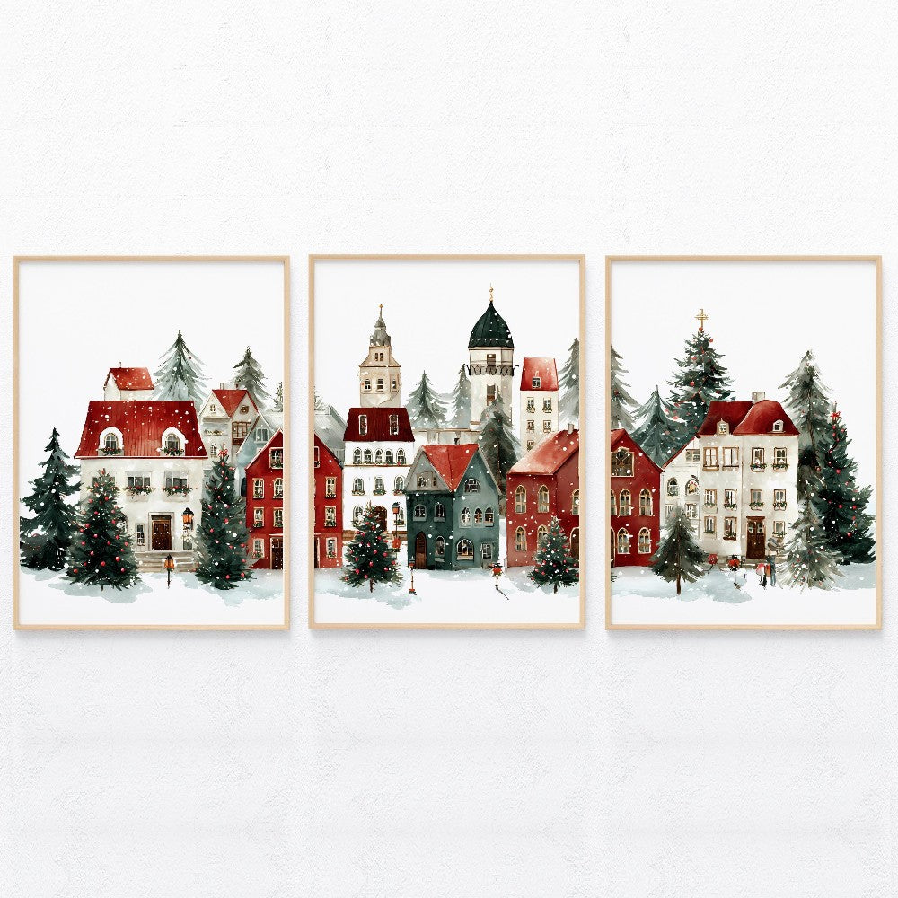Christmas Village Prints Set of 3 Snowy Winter Town Paintings Christmas Poster Print for Living Room  Xmas Santa Decoration