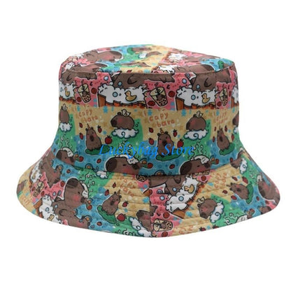 X7XE Trendy Capybara Pattern Fisherman Hat Beach Vacation Bucket Sunshade Hat for Animal Lover and Trendsetters