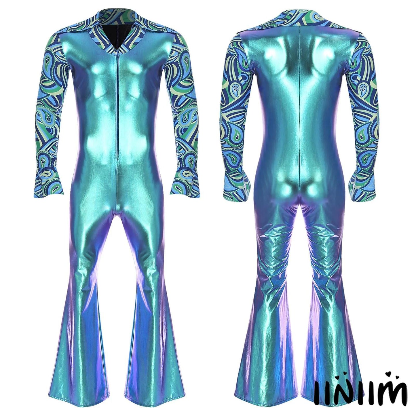 Men Bell Bottom Pants Jumpsuit Rompers Vintage 80s Disco Hippie Costume for Rock Jazz Dancewear Musical Theme Party Dress-up