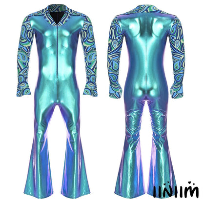 Men Bell Bottom Pants Jumpsuit Rompers Vintage 80s Disco Hippie Costume for Rock Jazz Dancewear Musical Theme Party Dress-up