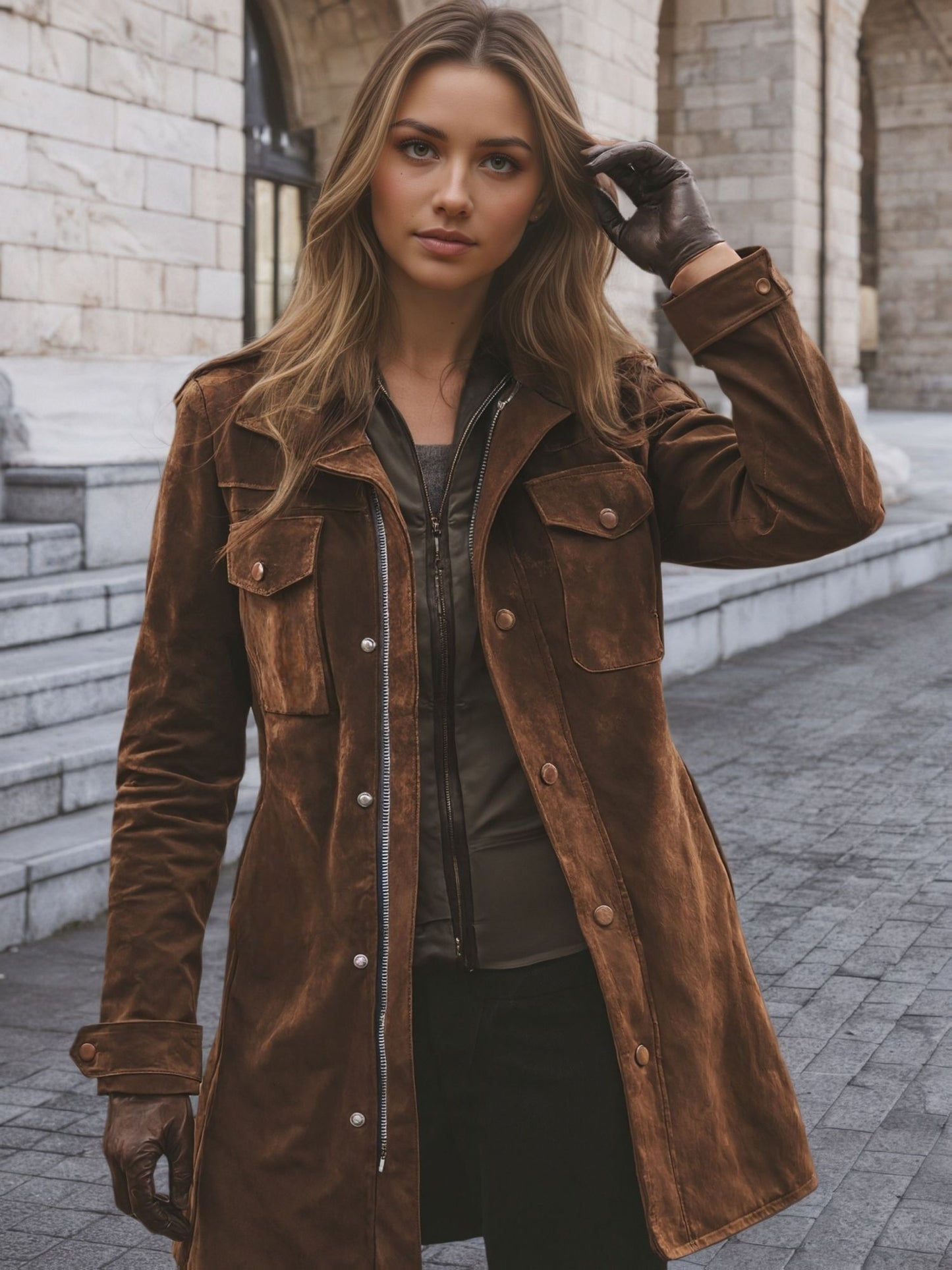 Women's brown vintage suede windbreaker: notch collar mid length jacket, button and zipper closure, patch pocket, vintage trend