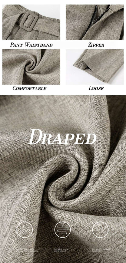 Men's Pleated Drape Curved-Leg Trousers Loose-Fit Straight-Leg Pants Retro-Style Belted Casual Pants