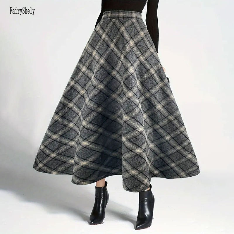 Fairyshely Casual Plaid Print Woolen Long Skirt Women 2025 Summer Ruffle High Waist Midi Skirt Lady Elegant A line Pleated Skirt