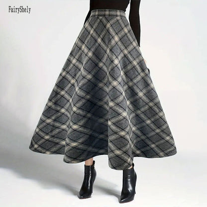 Fairyshely Casual Plaid Print Woolen Long Skirt Women 2025 Summer Ruffle High Waist Midi Skirt Lady Elegant A line Pleated Skirt