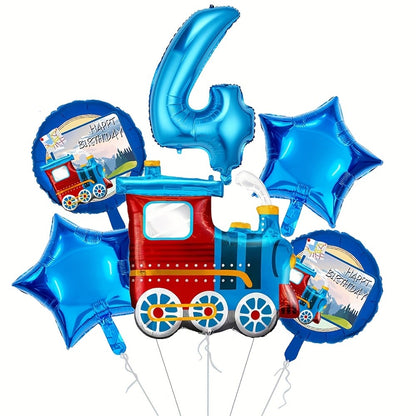 6pcs Retro train Balloon Set Blue Digital 0-9 Foil Balloon Cartoon Train Balloon Birthday Party Decoration Supplies Baby Shower