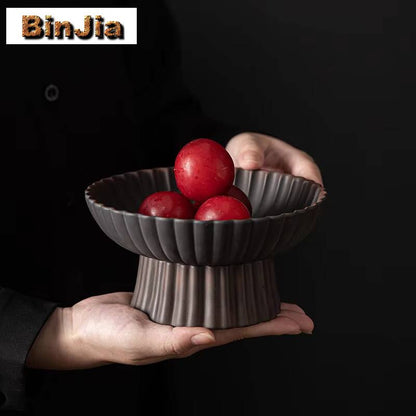 Qingxi Purple Pottery Tea Pastry Plate Handmade High Foot Dried Fruit Snack Large Integrated Drain Dessert Candy Dish Gift