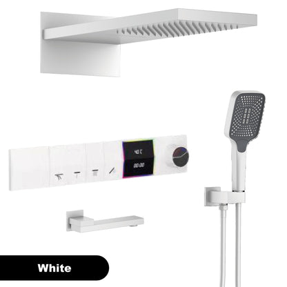 Sistema de chuveiro de parede com temperatura constante em latão cinza chumbo, montado na parede, com display digital LED, torneira de banheiro com água quente e fria