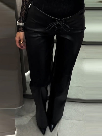 2026 New Solid Black Leather Long Pants For Women Y2K Casual Tie Up Drawstring Flared Trousers Female Chic Street Bell-bottoms