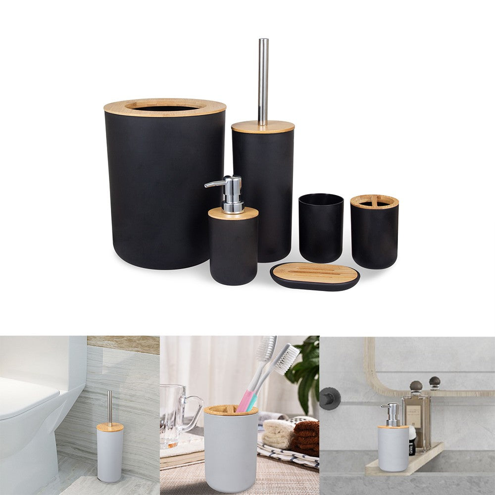 6 peças/conjunto caixa dispensadora de sabonete escova sanitária garrafa de loção lata de lixo bambu plástico conjunto de armazenamento de banheiro suporte para escova de dentes e copo