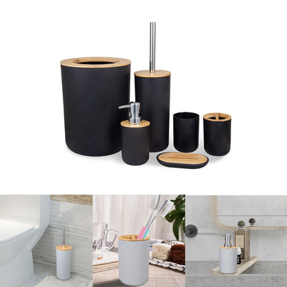 6 peças/conjunto caixa dispensadora de sabonete escova sanitária garrafa de loção lata de lixo bambu plástico conjunto de armazenamento de banheiro suporte para escova de dentes e copo