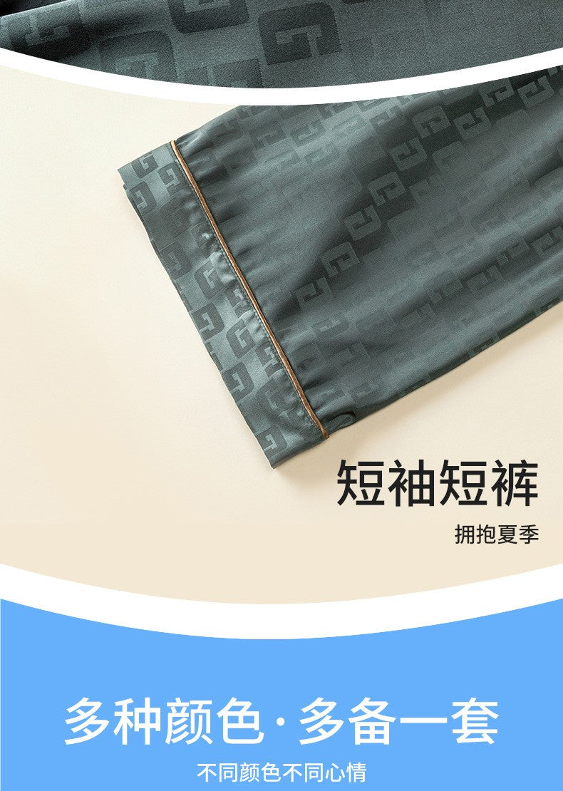 Ice Silk Pajamas Men's Spring and Summer Light and Breathable Simulation Silk Satin Short-sleeved Shorts Youth Simple Loungewear
