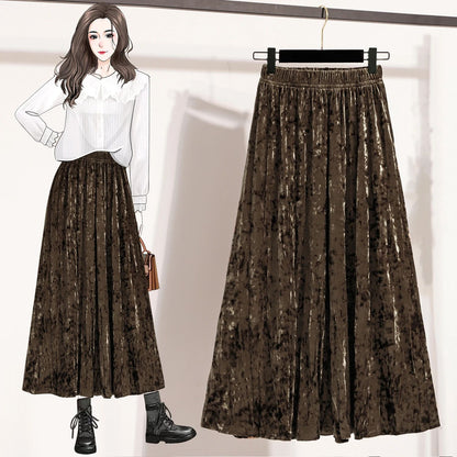 Autumn Winter Girls New A-line Velvet Skirt 2025 Plus Size Gold Velvet Half Pleated Skirt Solid Versatile High Waist Mid Skirt