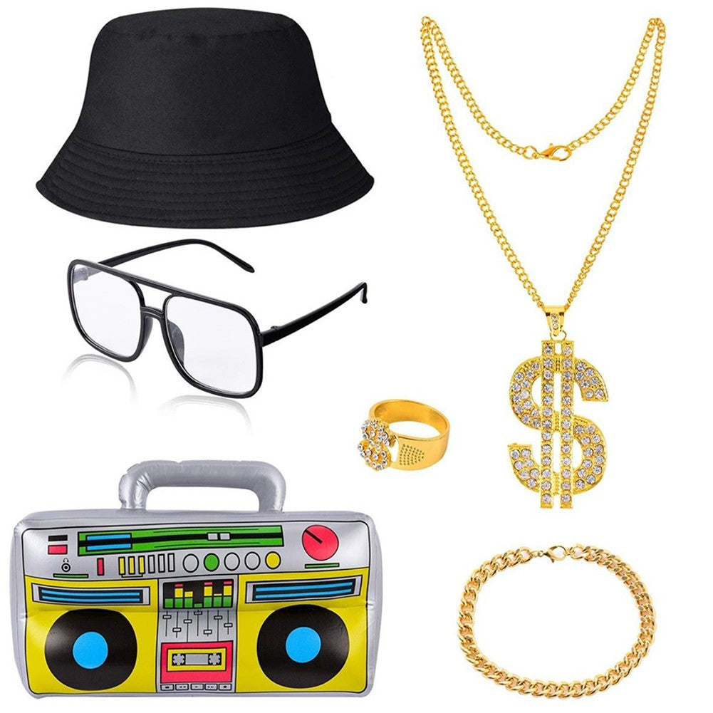 80s 90s Costume Outfit Set Big Gold Chain 80s/90s Rapper Accessories Glasses Bracelet Hip Hop Fancy Dress Costumes for Men Women