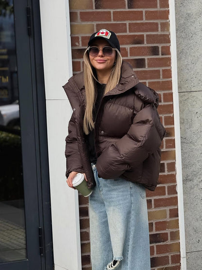 Women Brown Hooded Cotton Coat Fashion Lapel Full Sleeve Zipper Button Warm Loose Short Coats Lady Winter Casual Street Outwear