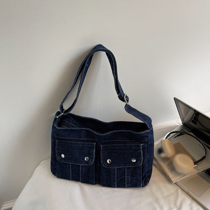 Vintage Washed Canvas Fashionable Bag, Women's Crossbody Bag, Large Capacity Commuting Casual Denim Shoulder Bag