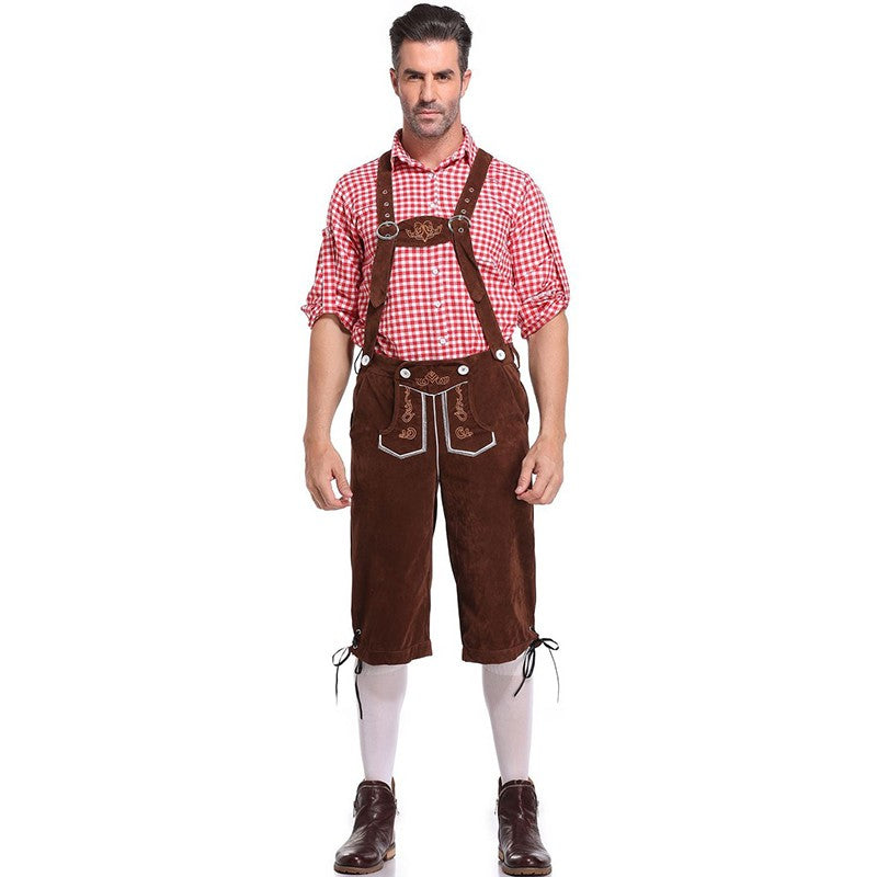 Germany Oktoberfest Costumes Adult Men Traditional Bavarian Beer Shorts Outfit Overalls Shirt Hat Suspenders Set Halloween Cloth