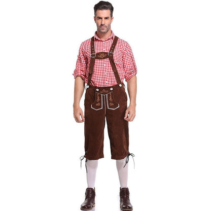 Germany Oktoberfest Costumes Adult Men Traditional Bavarian Beer Shorts Outfit Overalls Shirt Hat Suspenders Set Halloween Cloth