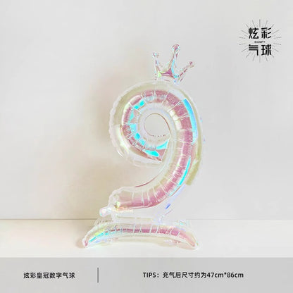 32Inch Transparent Colorful Crown Digital Aluminum Film Balloon with Base Happy Birthday Party Decor Kids Adults Baby Showers