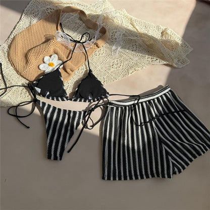 Orange Striped Swimwear Halter String Triangle Bikinis Sets 3 Pieces Bottoms Shorts Mini Micro Thong Sexy Swimsuit Woman 2025
