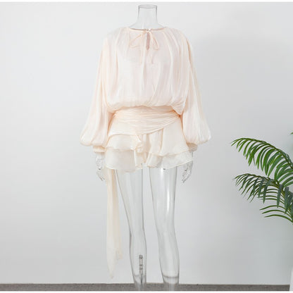 Elegant Ruffles Shiny Mini Dresses Fashion Solid Long Sleeve Lace Up V Neck Plea