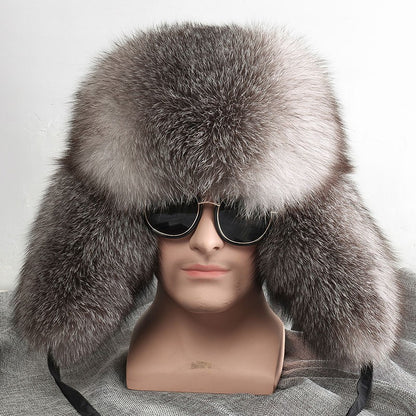 Real Fur 100% Fox Skin Russian Businessmen Pilot Bombers Full Mao Men's hat Ushanka Winter Ear Guard Hat Raccoon Fur Beanie hat