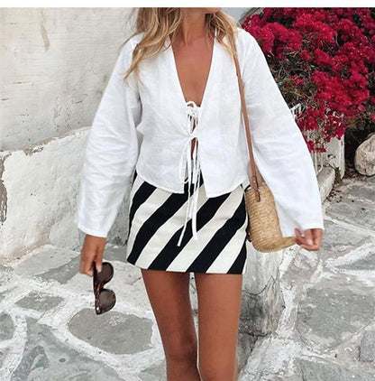 C.NEW S 2024 Spring New Female Street Tops Green Linen Lace Up Long Sleeve For Women Fashion Chic Casual Loose V Neck Shirt