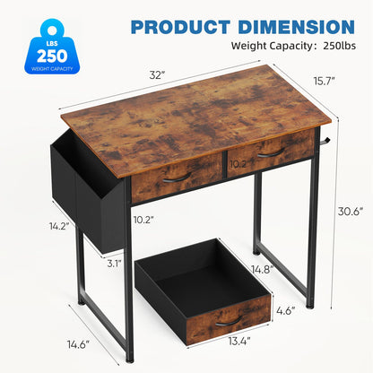 Mesa de computador moderna para escritório JHK 32 polegadas com gavetas de armazenamento de tecido, bolsa lateral, estrutura de metal e pés ajustáveis para mesa de PC doméstica