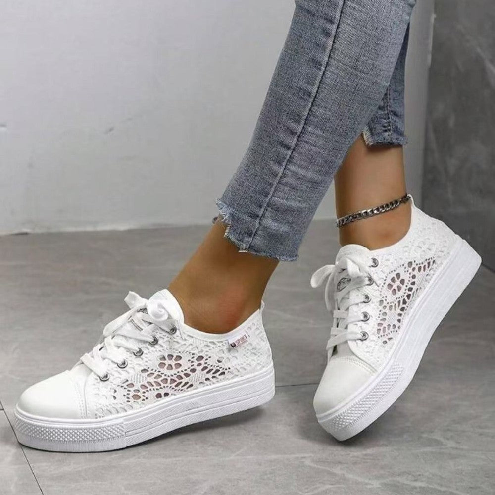 Women Shoes Fashion Summer Casual White Shoes Cutouts Lace Canvas Hollow Breathable Platform Flat Shoes Woman Sneakers