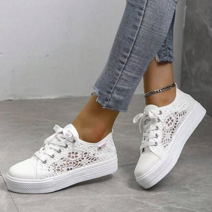 Women Shoes Fashion Summer Casual White Shoes Cutouts Lace Canvas Hollow Breathable Platform Flat Shoes Woman Sneakers