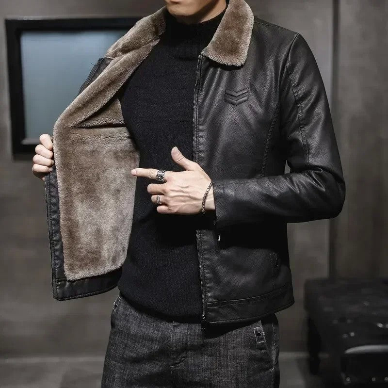 Vintage Brown Leather Jacket Men's Winter Faux Fur Collar Windproof Warm Coat Male Luxury Clothing Brand chaqueta cuero hombre